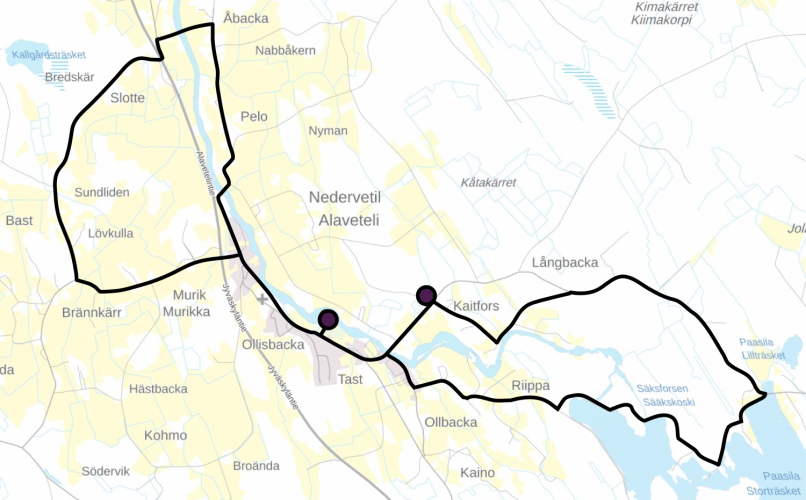karta över cykelleden i Nedervetil